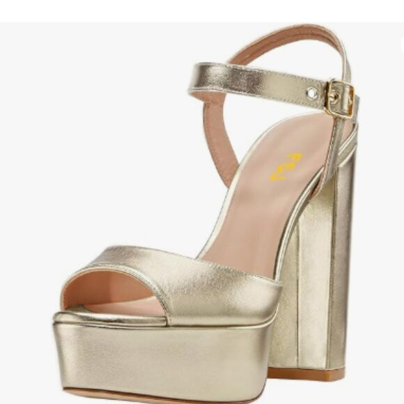 FSJ Gold Platform Chunky Block High Heel Sandal Ankle Strap Open Toe Dressy Shoe - Picture 1 of 8